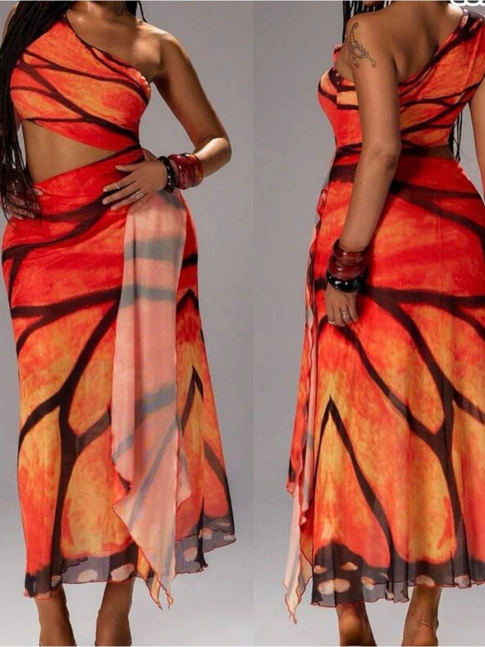 One-Shoulder Orange Butterfly-Print Maxi Dress